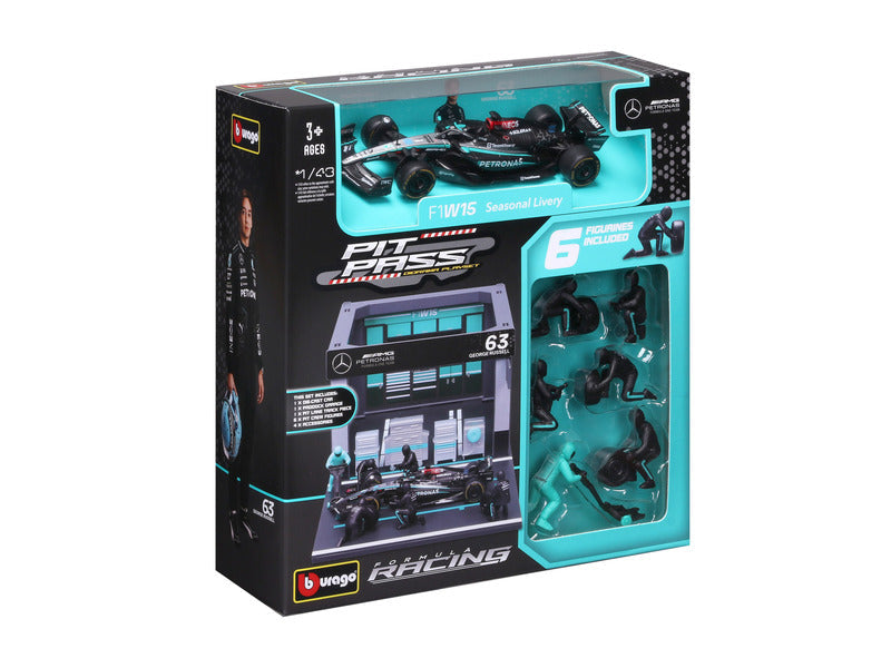 Mercedes modelová stavebnice, přístup do boxů, bburago, 1:43, George Russell, #63, W15 E
