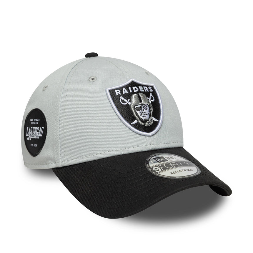 Las Vegas Raiders, dvoutónový pin, New Era, 9FORTY, boční nášivka, černo-bílá