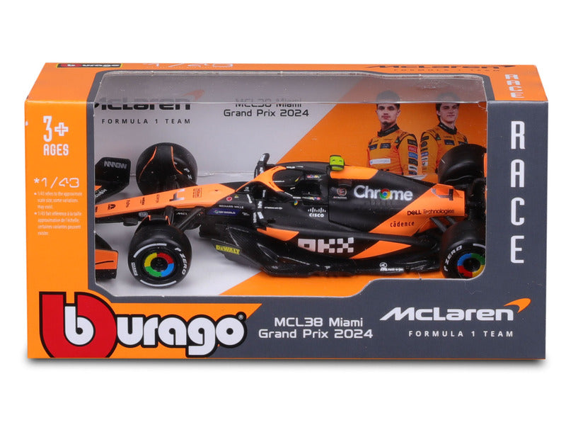 Model vozu McLaren - Bburago Lando Norris MCL38 v lakování Miami