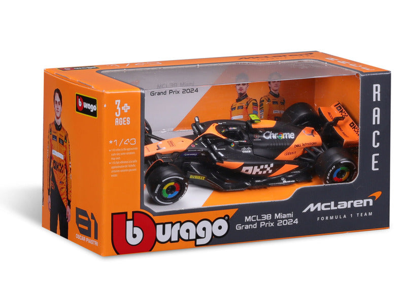 Model vozu McLaren - Bburago Lando Norris MCL38 v lakování Miami