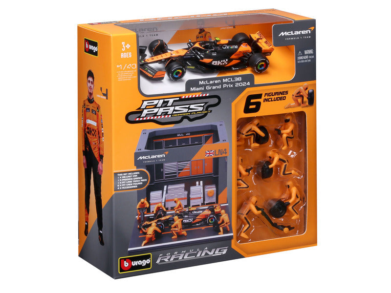 McLaren modelová stavebnice, přístup do pit lane, bburago, 1:43, Lando Norris, #4, MCL38