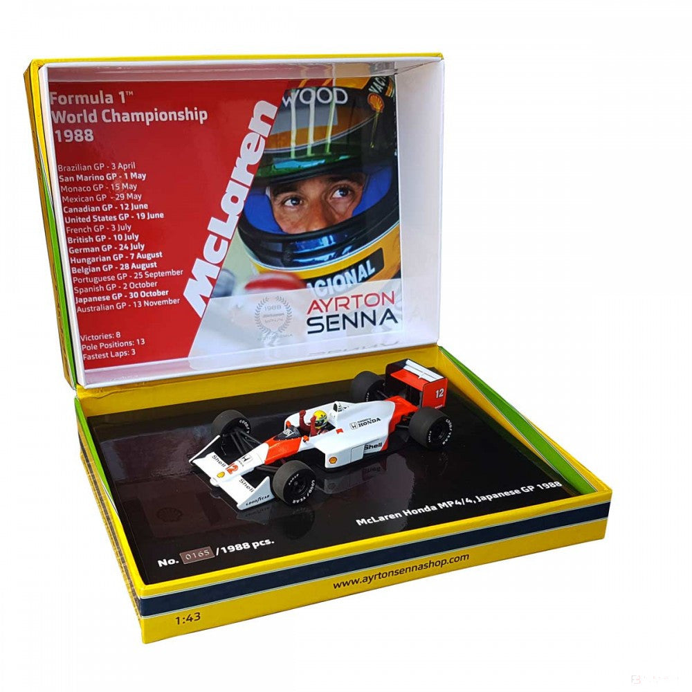 Ayrton Senna Model auta, McLaren Honda MP4/4 1988 Model Car, měřítko 1:43, bílá, 2020 - FansBRANDS®