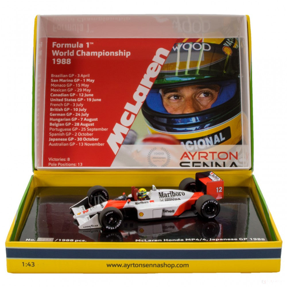 Ayrton Senna Model auta, McLaren Honda MP4/4 1988 Model Car, měřítko 1:43, bílá, 2020