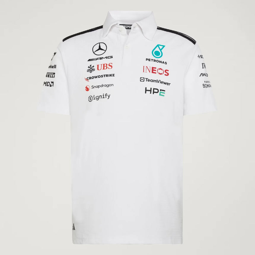 Mercedes polo, tým, inženýři, adidas, bílá, 2026